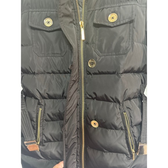 Michael Kors Black Belted Puffer Coat Jacket Gold Hardware Womens PM Petite Med - Picture 3 of 7
